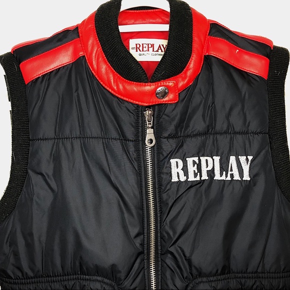 Replay Quilted Bomber Vest Black Red Jacket - Picture 5 of 8